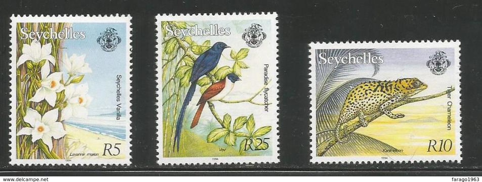 1994 Seychelles RARE Definitive Reprints Birds Chameleon 5R,10R & 25R  MNH - Seychelles (1976-...)