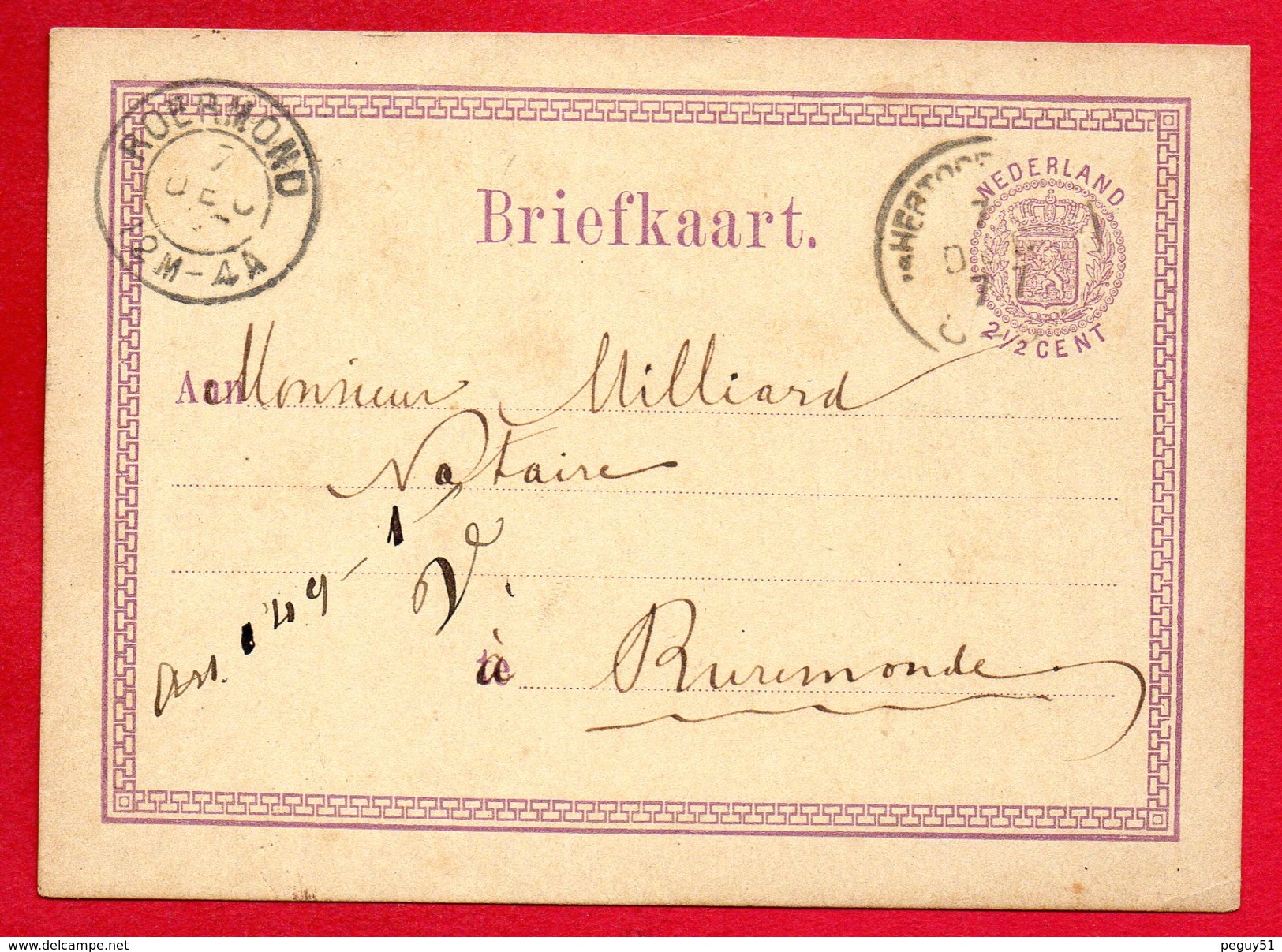 Pays-Bas. Entier P2  (1872).  2½ C Violet   Hertogenbosch-Roermond Décembre 1877 - Entiers Postaux