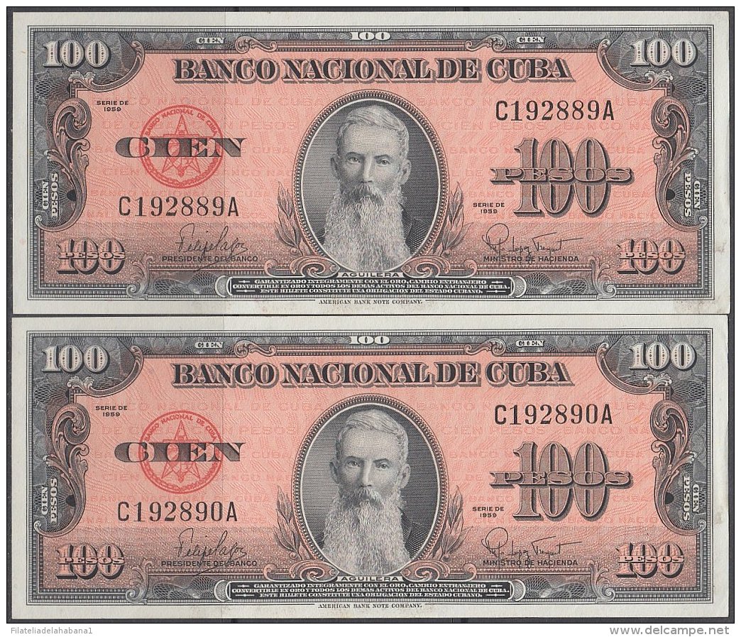 1959-BK-50 CUBA. BANCO NACIONAL 1959 100$ AGUILERA UNC.  2 CONSECUTIVOS - Cuba