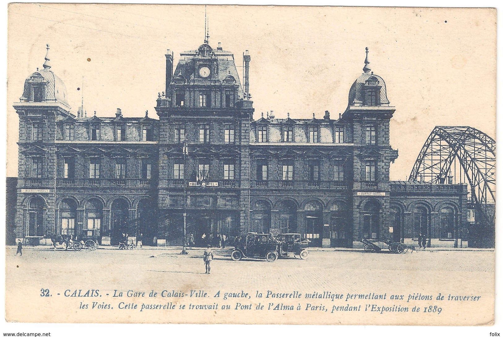 Calais - La Gare De Calais-Ville. A Gauche, La Passerelle Métallique Permettant Aux Piétons.... - 1924 - Couleur Bleu - Calais