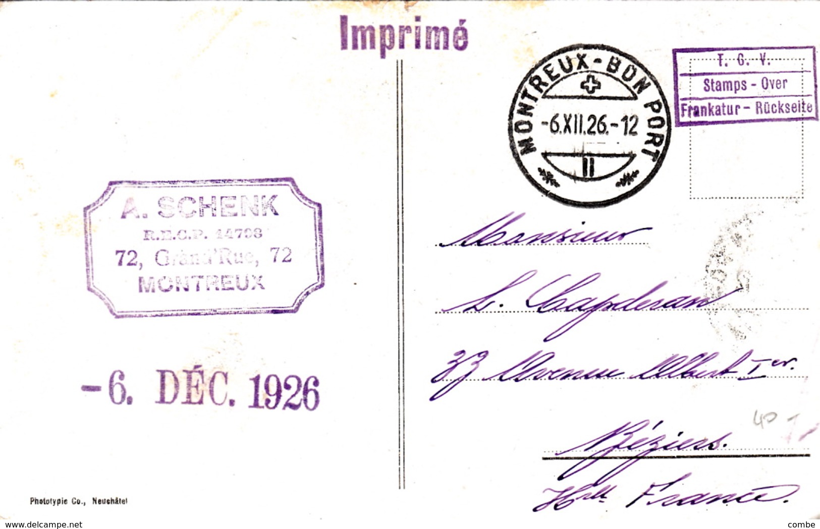 CARTE POSTALE SUISSE 6.12.26 PROJUVENTUTE X 2  MONTREUX  BEZIERS  TGV STAMPOVER   FRANKATURÜCKSEITE - Briefe U. Dokumente