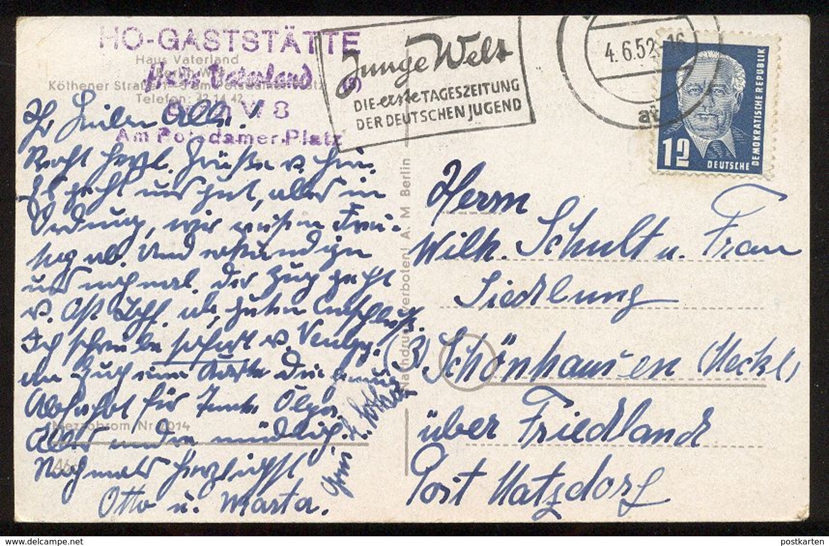 ALTE POSTKARTE HAUS VATERLAND AM POTSDAMER PLATZ Berlin Stempel Junge Welt Zeitung Ansichtskarte Postcard Cpa AK - Tiergarten