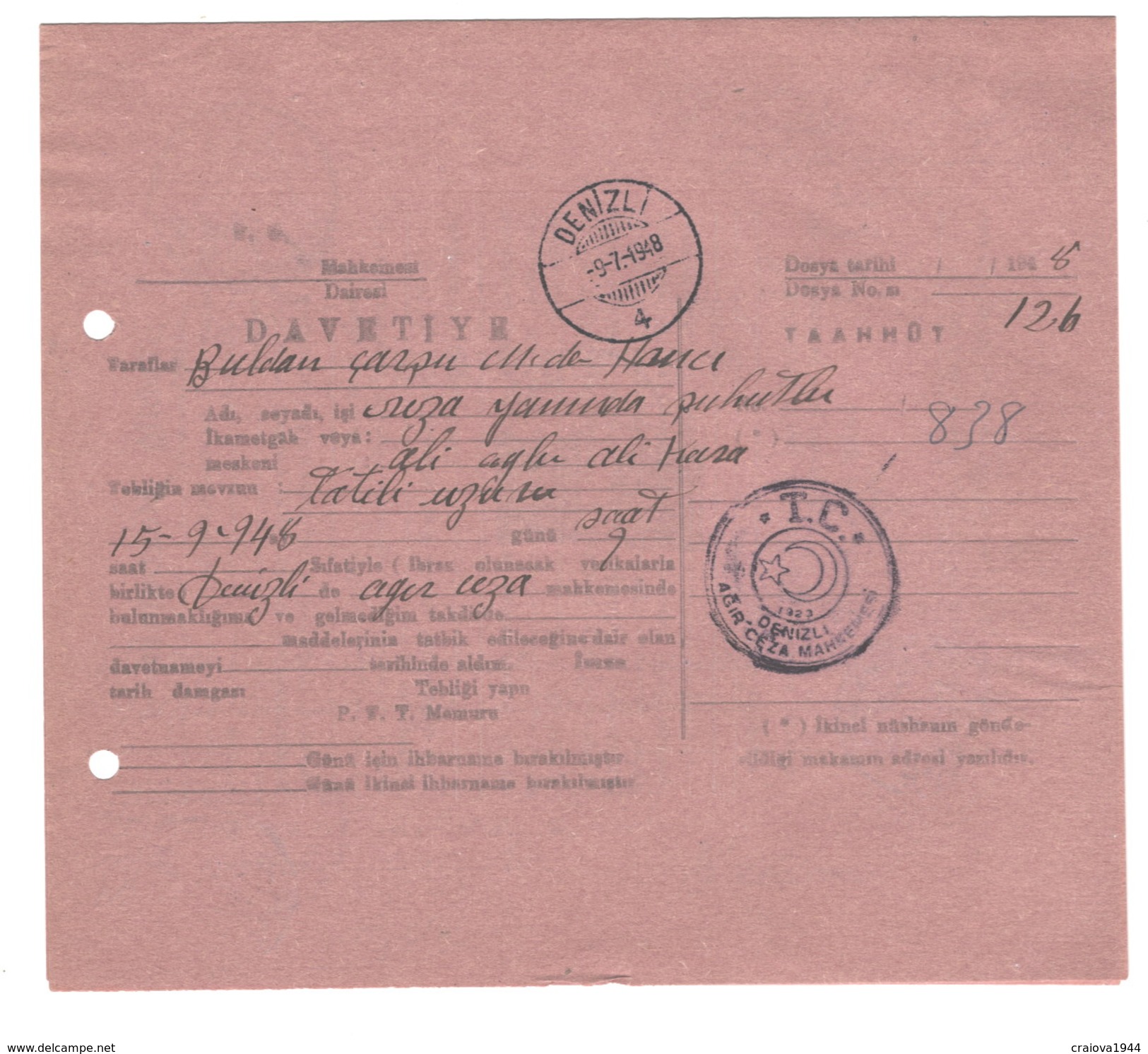 TURKEY, 1948, "COURT Of JUSTICE INVITATION CARD - 09 July, 1948" (4 SCANS) - Covers & Documents