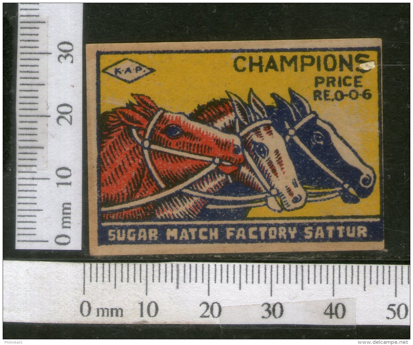 India 1950's Three Horse Campions Brand Match Box Label Wildlife Animal # MBL192 - Matchbox Labels