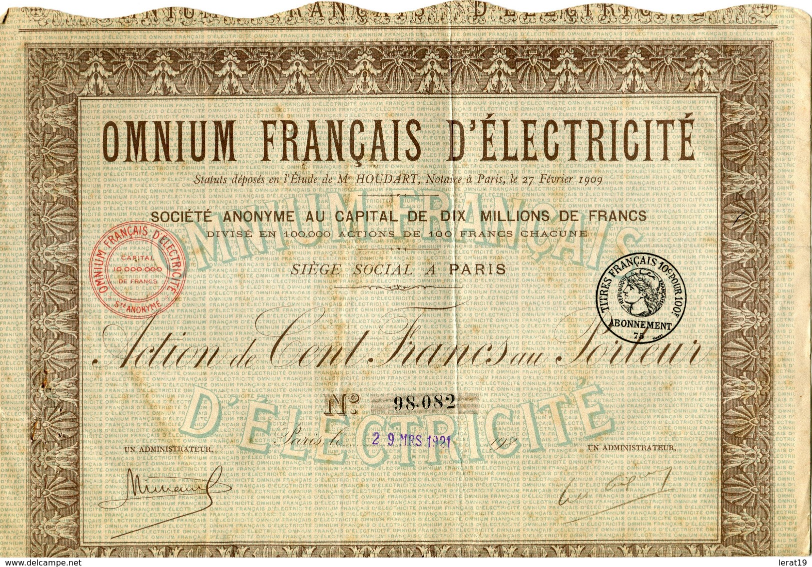 ACTIONS...TITRES...1921...OMNIUM FRANCAIS D'ELECTRICITE - D - F