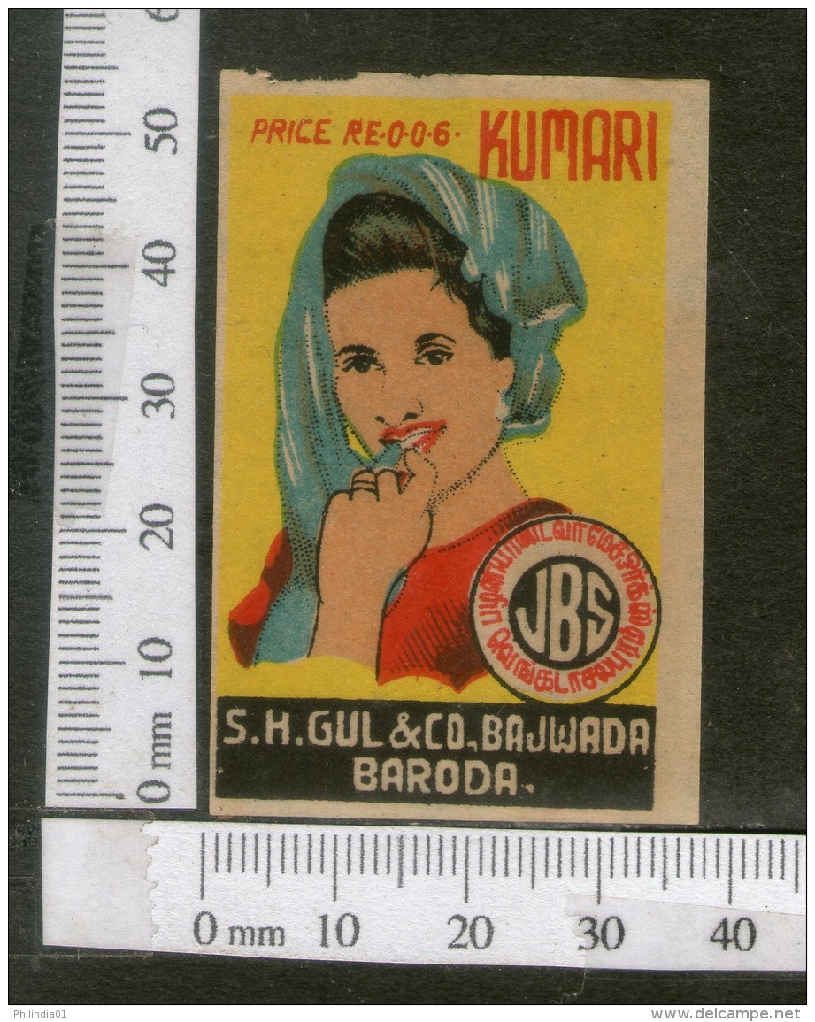 India 1950's  Women Lady Kumari Brand Match Box Label # MBL066 - Matchbox Labels