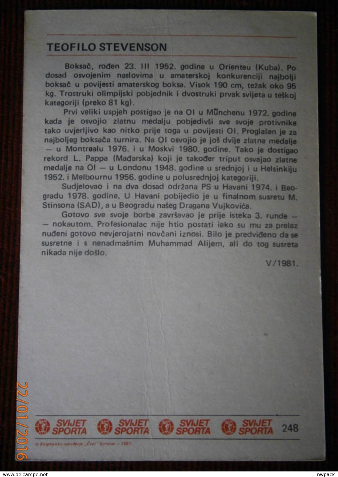 BOX - Trading Card From Ex Yugoslavia - "SVIJET SPORTA" - Teofilo Stevenson  No. 248 -  V / 1981. - Trading Cards