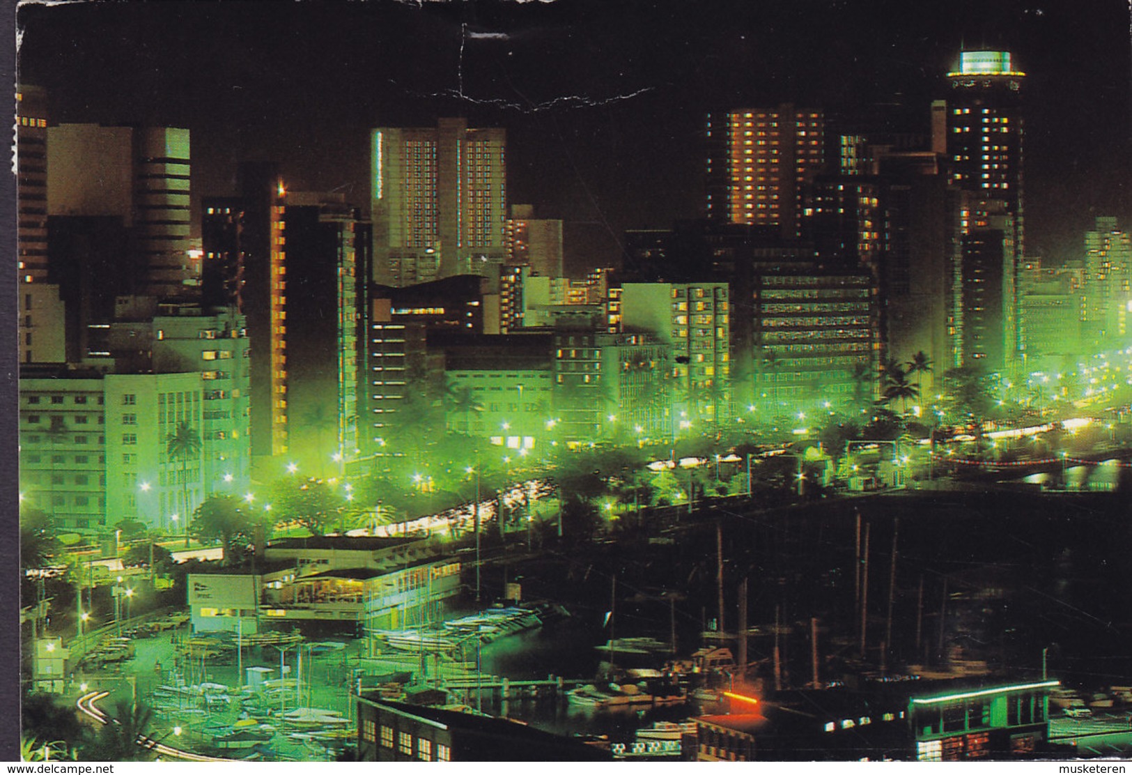 South Africa PPC Durban By Night Yacht Basin Foto F. Busarello AIRMAIL LUGPOS Label 1982 ROSKILDE Denmark (2 Scan) - Südafrika