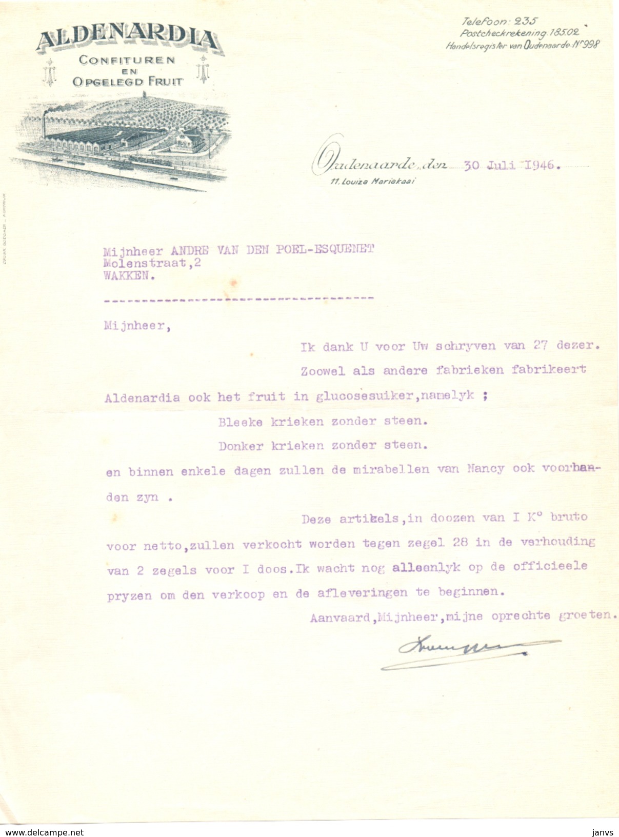 Brief Lettre - Aldenardia Confituren En Opgelegd Fruit - Oudenaarde 1946 - Voor Andre Van Den Poel - Wakken - Petits Métiers