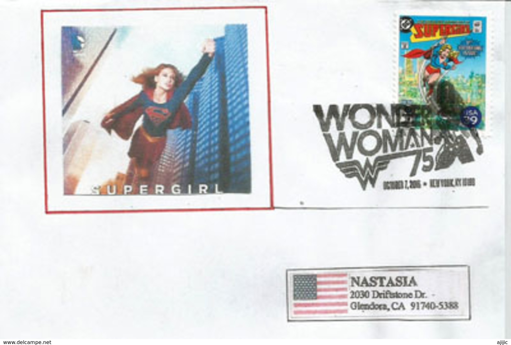 Supergirl (TV Series), Oblitération Speciale Wonder Woman. New-York, Lettre Adressée En Californie - Cinema
