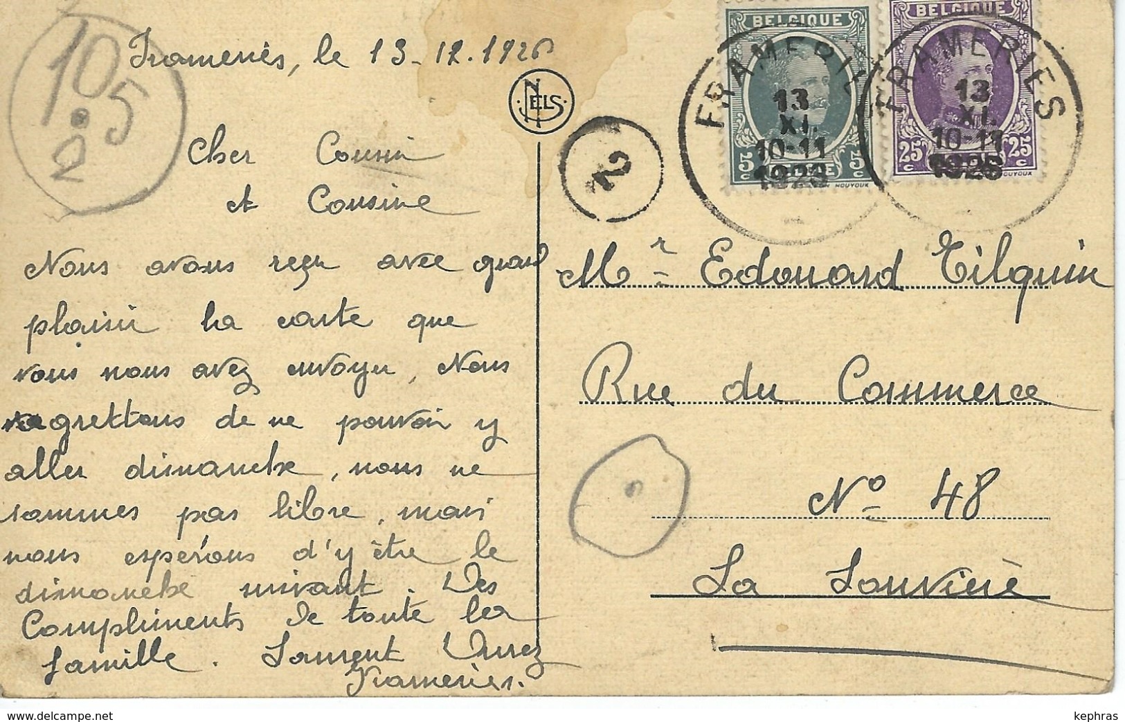 FRAMERIES : Hotel Communal Et Grand Place - Cachet De La Poste 1926 - Frameries