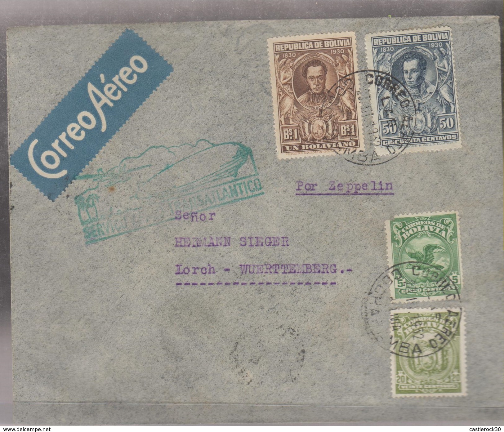 O) 1932 BOLIVIA, ZEPPELIN, TRANSATLANTICO, SIMON BOLIVAR -1 BOLIVIANO, ANTONIO JOSE DE SUCRE - 50 CENTAVOS, COVER TO GER - Bolivia