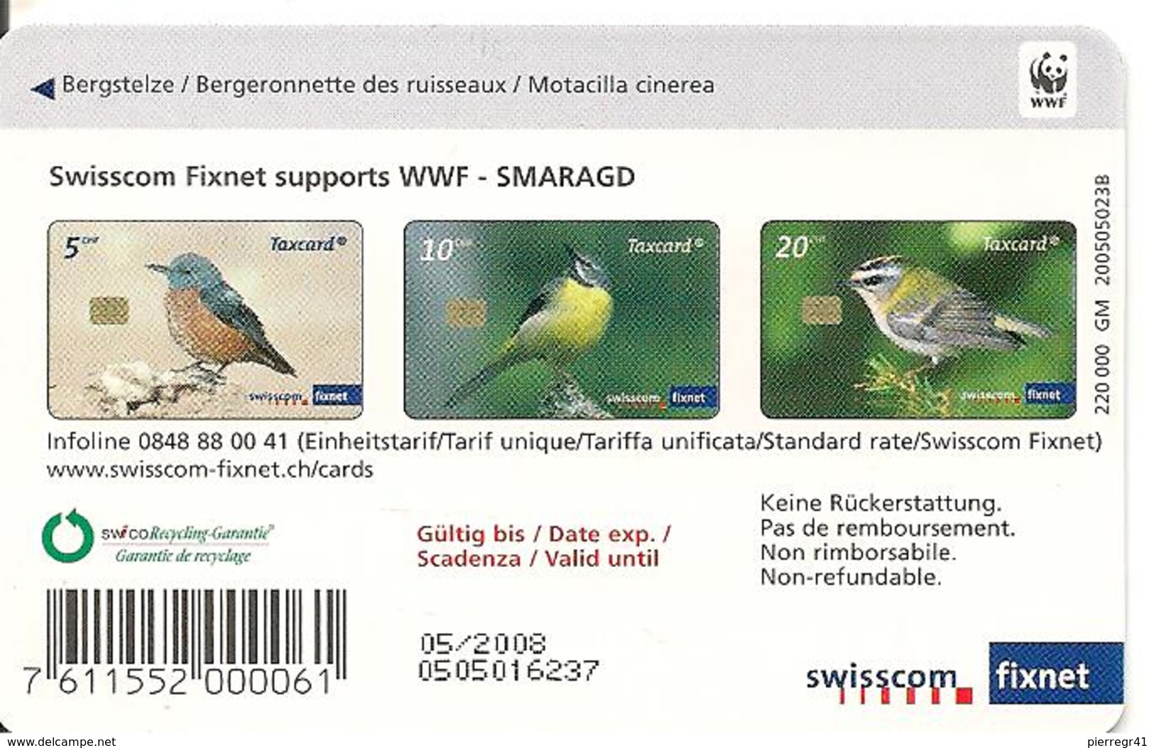 CARTE-PUCE-2008-SUISSE-10CHF-SERIE OISEAUX-BERGERONNETTE-TBE - Pájaros Cantores (Passeri)