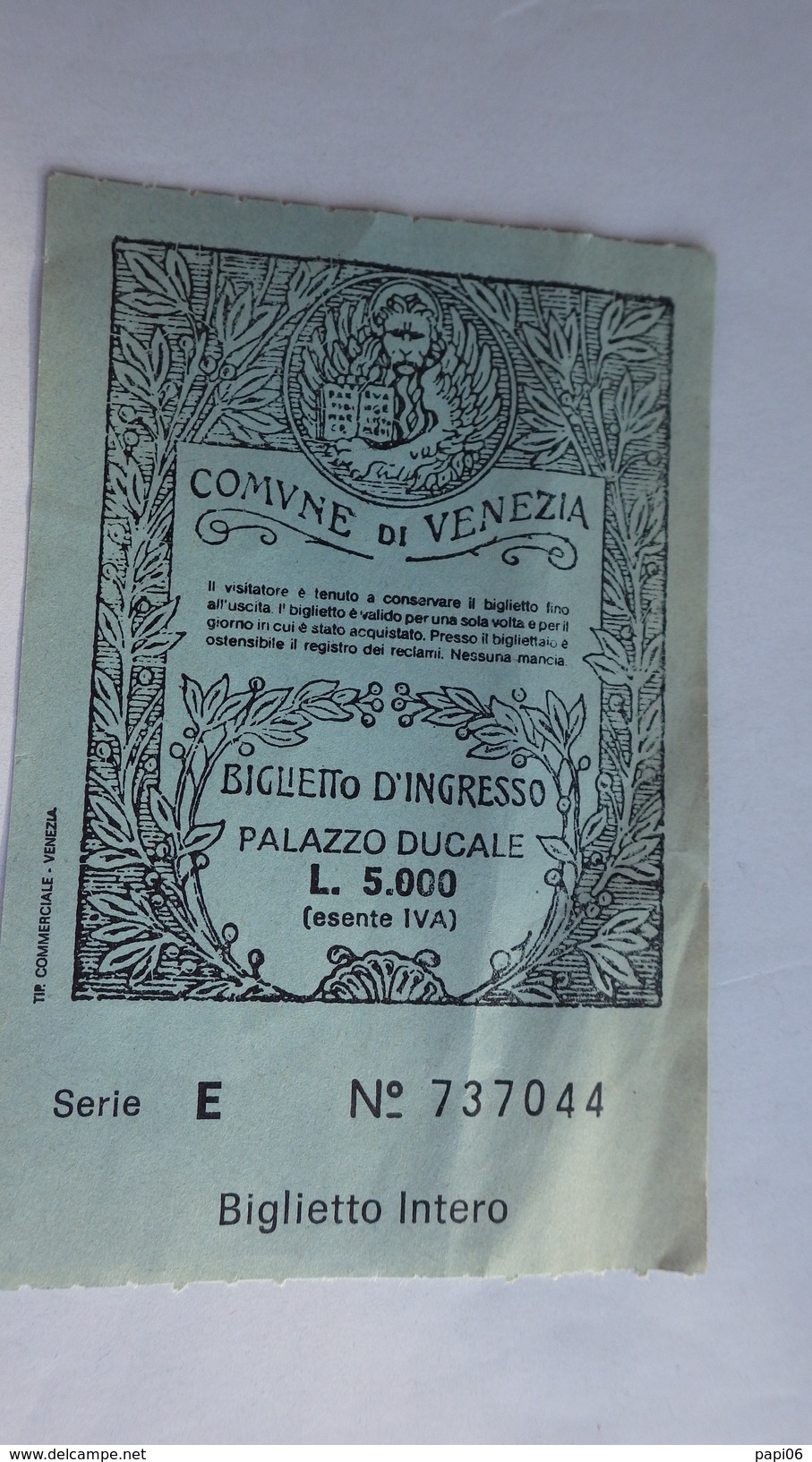 Ticket Entrée Comune Di Venezia . Biglietto D'ingresso PALAZZO DUCALE - Tickets D'entrée