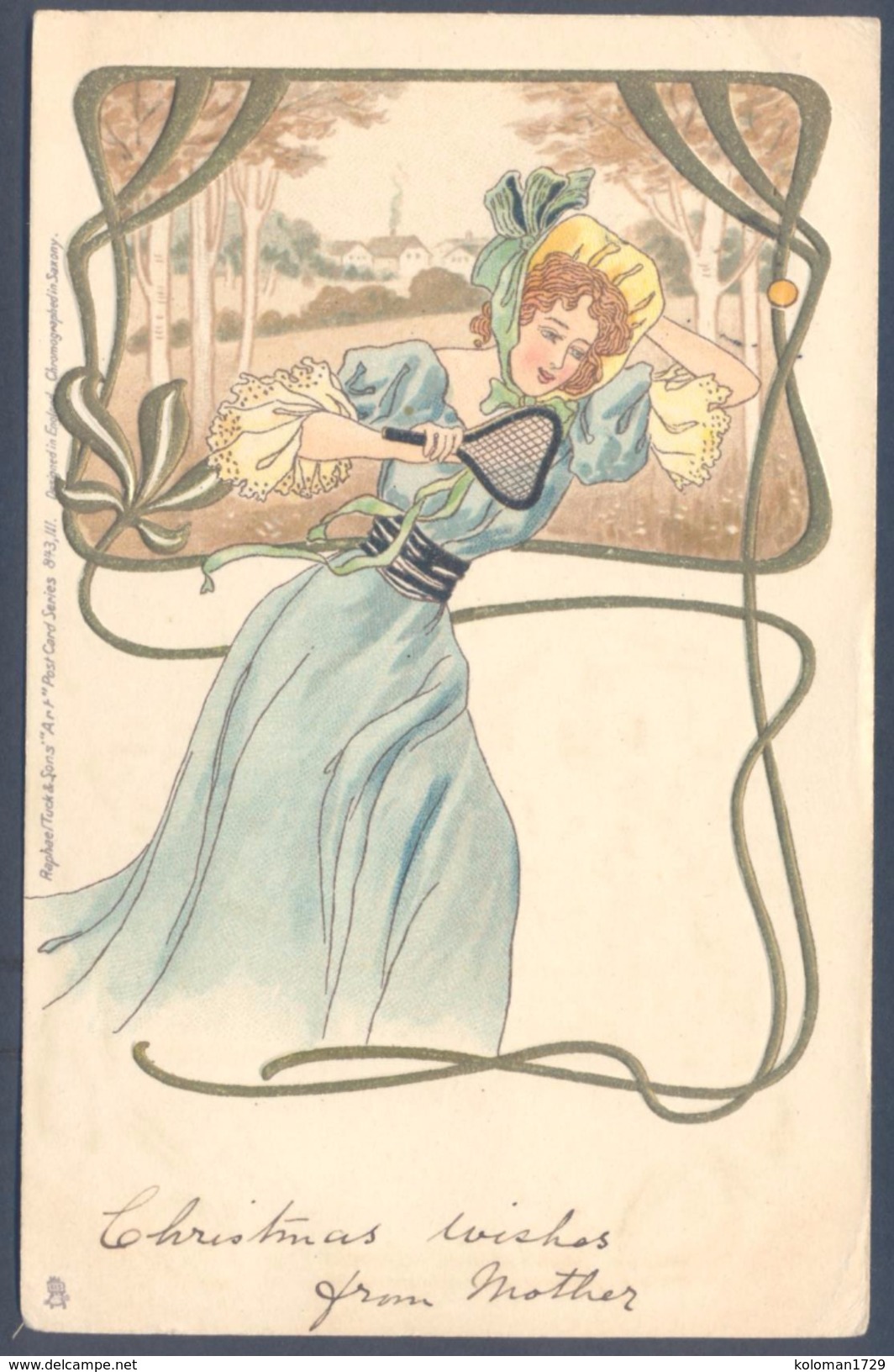 Art Nouveau - Pretty Lady Play Tennis - Raphael Tuck & Sons - 1900-1949