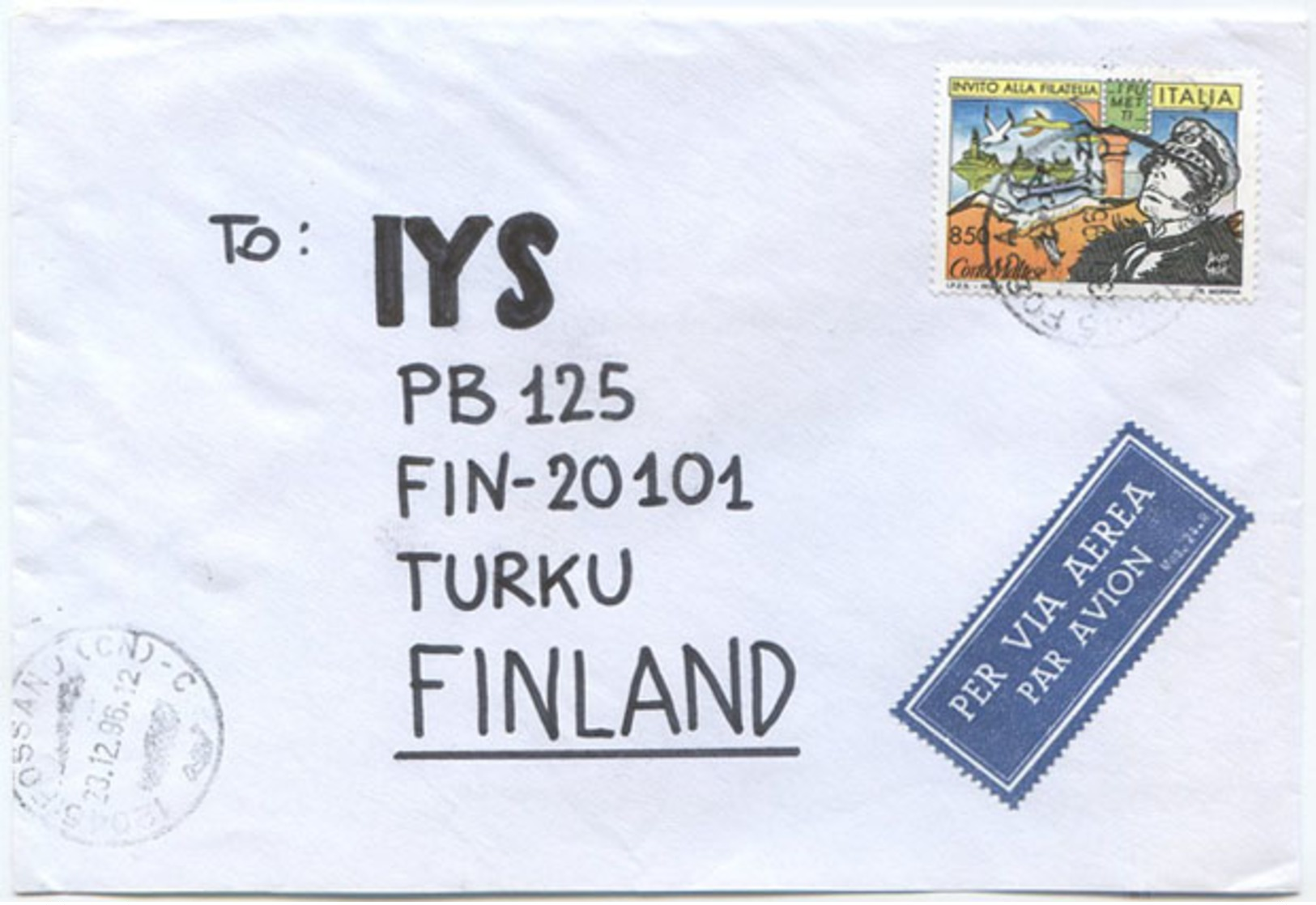 1996 CORTO MALTESE L. 850 ISOLATO 23.12.96 BUSTA PER FINLANDIA RARA DESTINAZIONE E OTTIMA QUALITÀ (6984) - 1991-00: Storia Postale