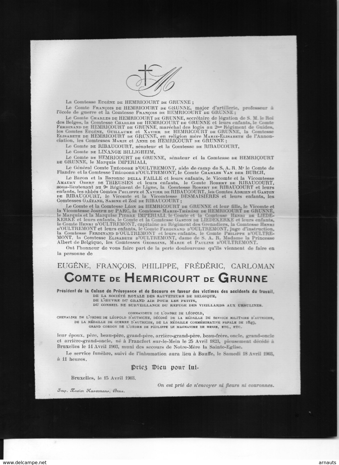 Eugène De Hemricourt De Grunne °1823 Frankfurt Am Mein +1903 Bruxelles Bourgmestre Bauffe De Ribaucourt D'Oultremont - Décès