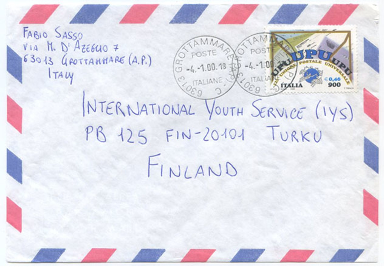 1999 UPU  L. 900 ISOLATO 4.1.00  BUSTA X FINLANDIA RARA DESTINAZIONE E OTTIMA QUALITÀ (7011) - 1991-00: Storia Postale