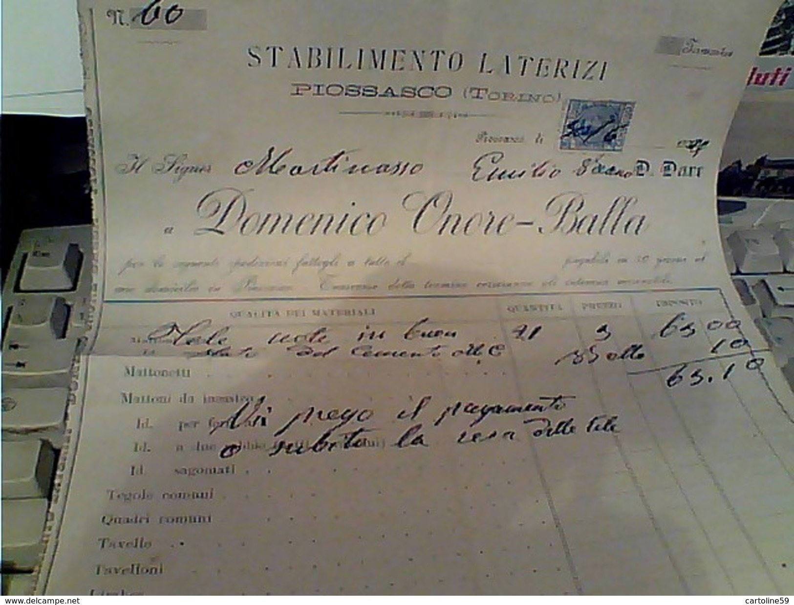 FATTURA  DITTA LATERIZI  DOMENICO ONORE BALLA  PIOSSASCO TORINO  1929  FY11235 - Italia