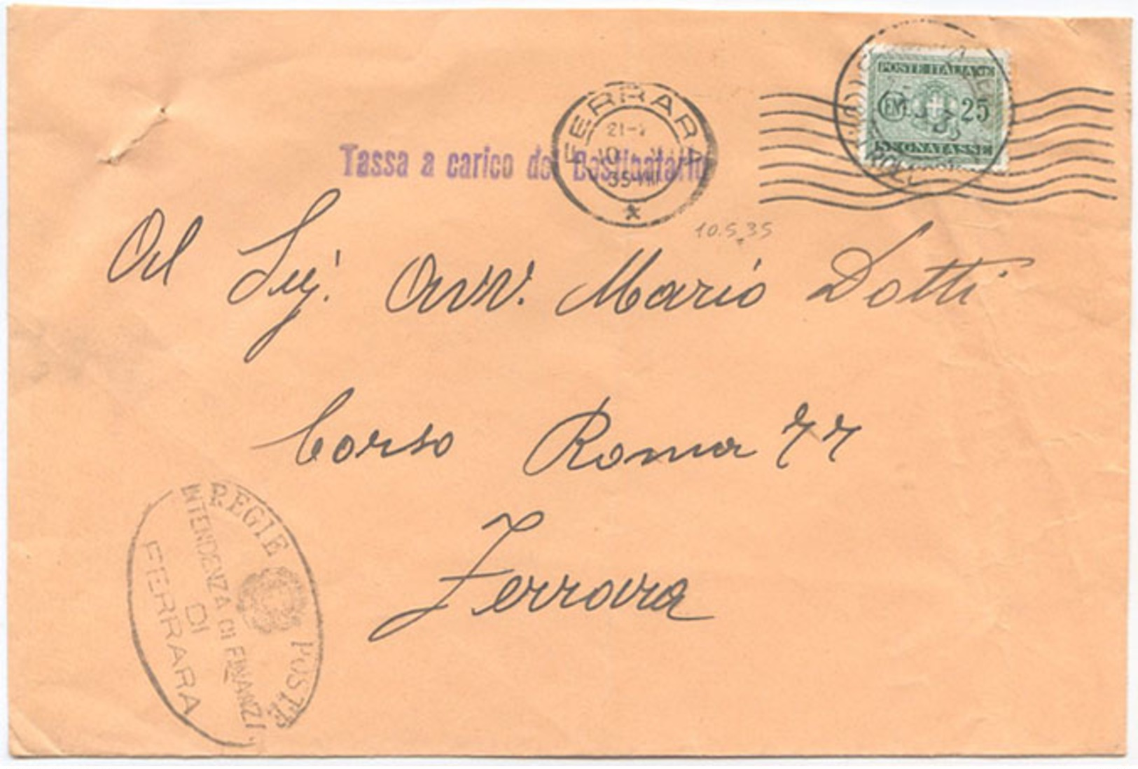 1935 SEGNATASSE C. 25 ISOLATO 10.5.35 TARIFFA TASSA A CARICO PER DISTRETTO OTTIMA QUALITÀ (7028) - Storia Postale