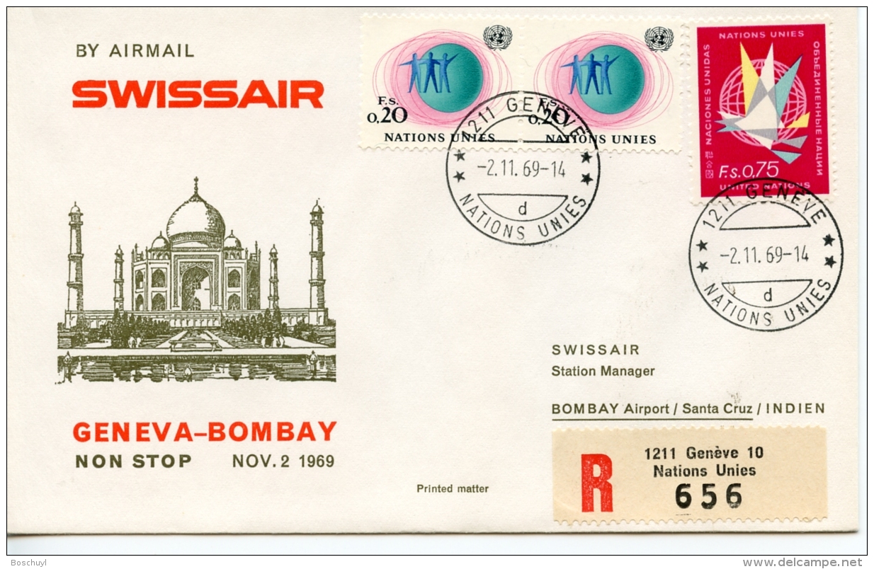 United Nations Geneva Flight Cover, 1969 November 2, Swissair, Geneva To Bombay, Phila Club Swissair, Gaines #2 - Autres & Non Classés