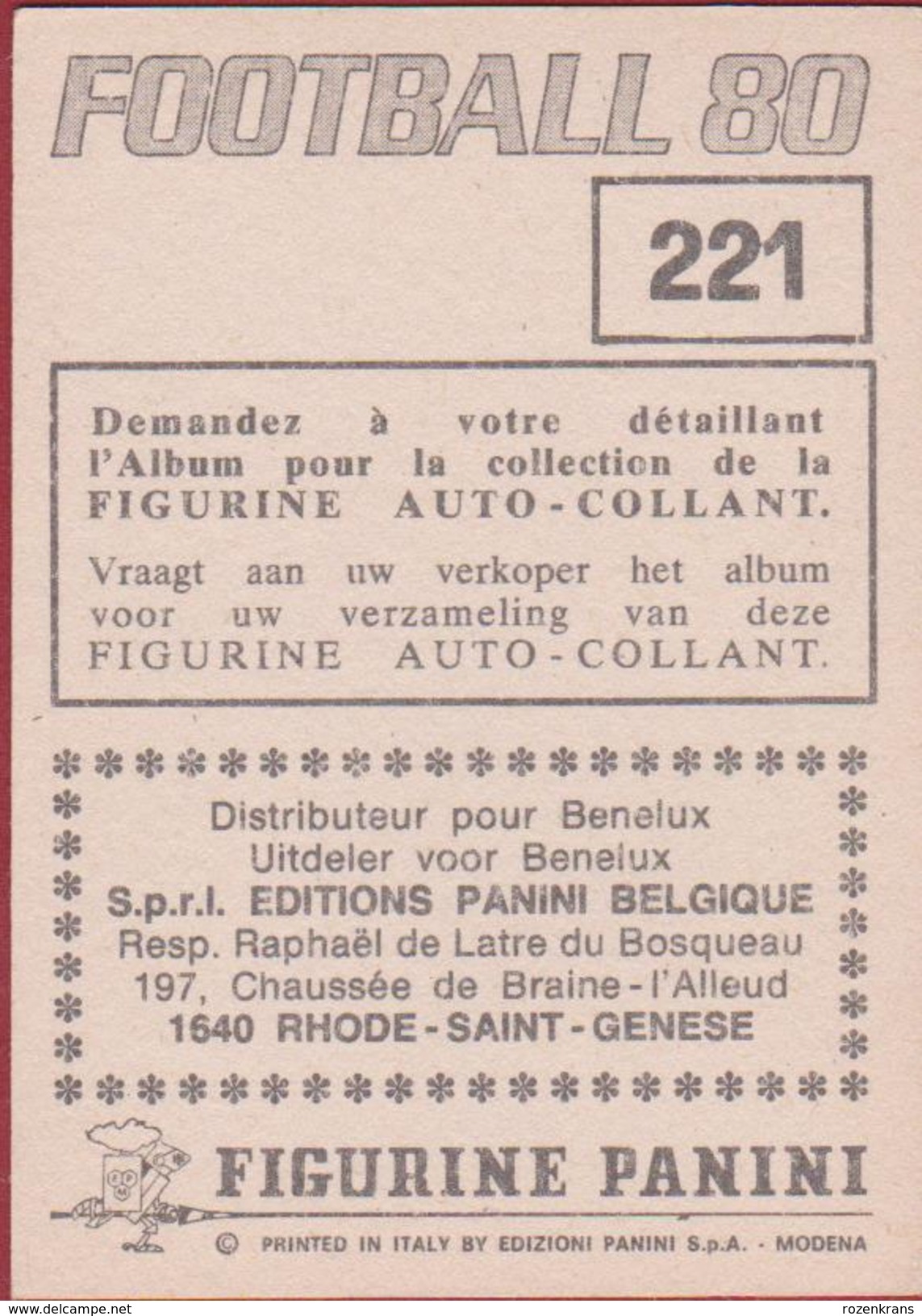 Panini Football 80 Voetbal Belgie Belgique 1980 Sticker Royal Football Club De Liège Liégeois Nr 221 Piet Kuypers - Sports