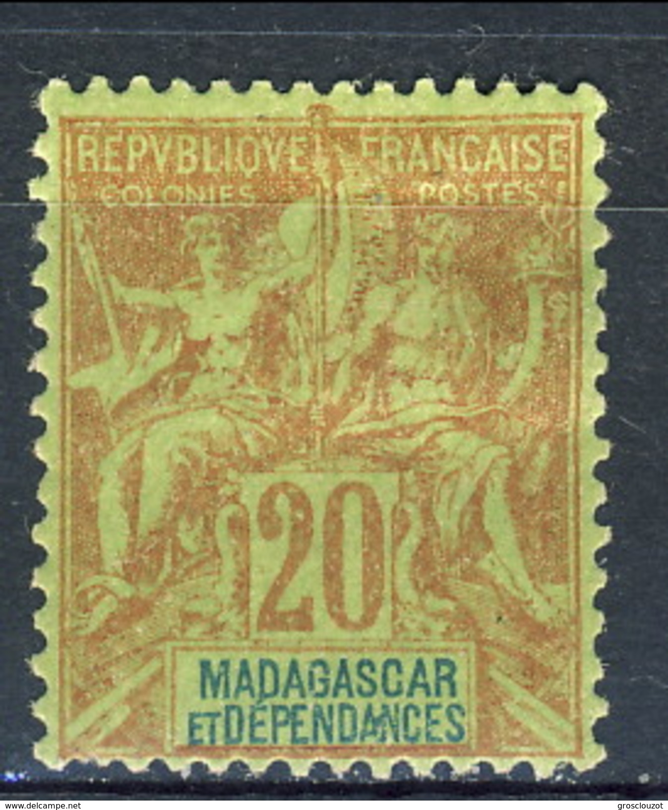 Madagascar 1896-99 N. 34 C. 20 Rosso Mattone Su Verde MH Cat. &euro; 9.50 - Nuovi