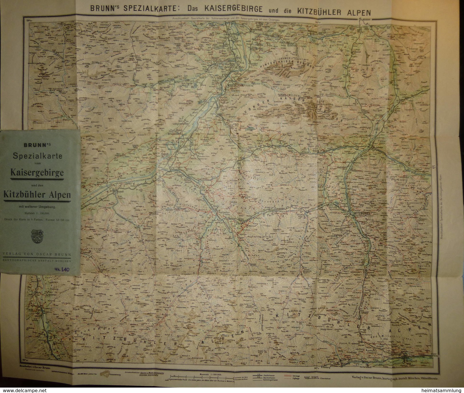 Brunn 's Spezial-Karte Das Kaisergebirge Und Die Kitzbühler Alpen Mit Weiterer Umgebung 30er Jahre - 50cm X 60cm - Maßst - Topographische Karten