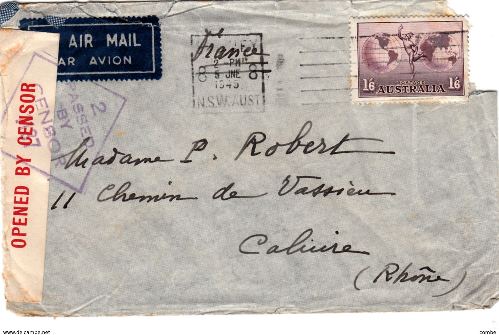 COVER AUSTRALIA 5 JUNE 1945 AIR MAIL SYDNEY TO FRANCE PASSED BY CENSOR - Lettres & Documents