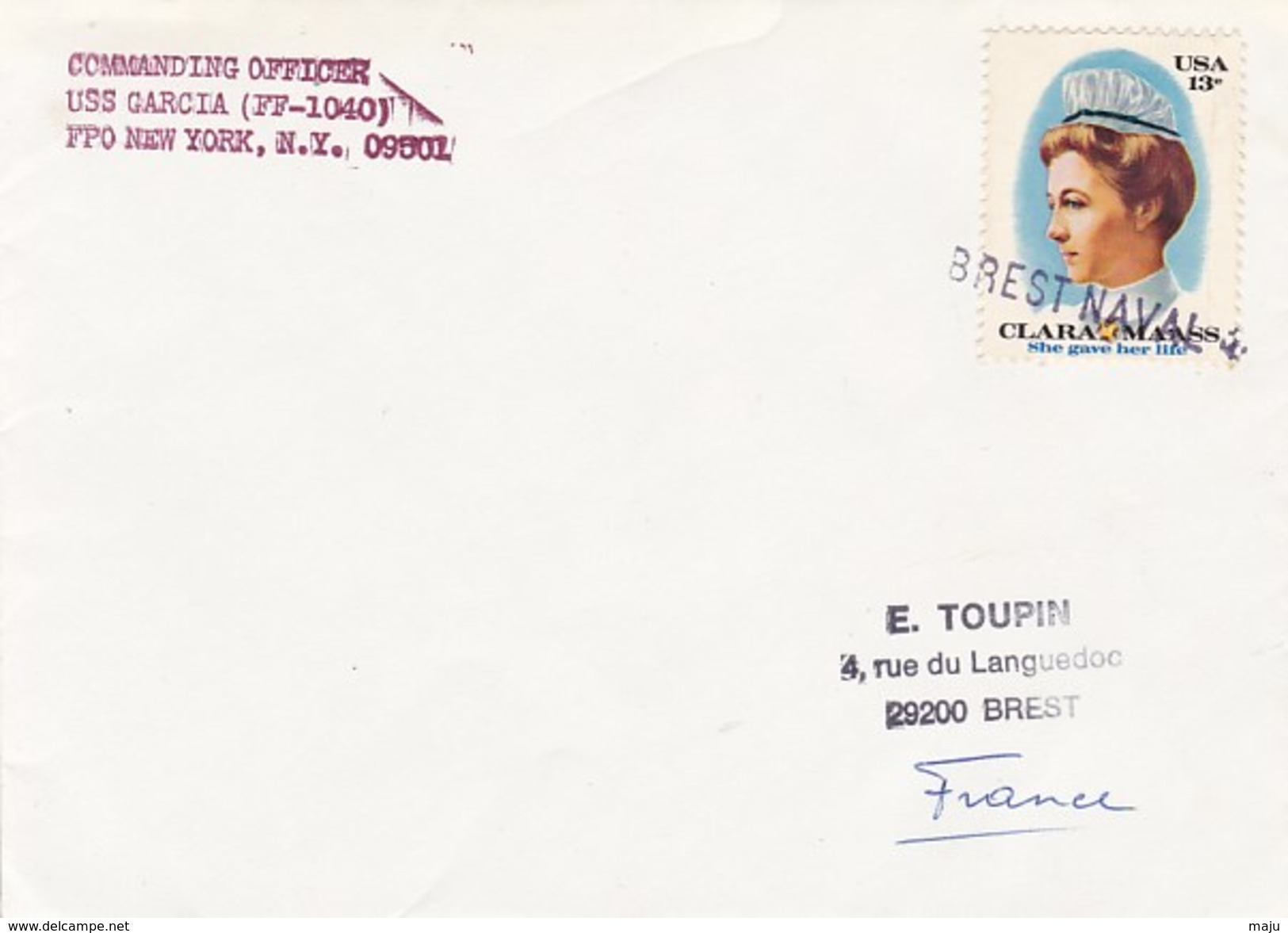 LETTRE COMMANDING OFFICIER  USS GARCIA  NEW YORK BREST NAVAL CACHET EN LIGNE - Poste Navale