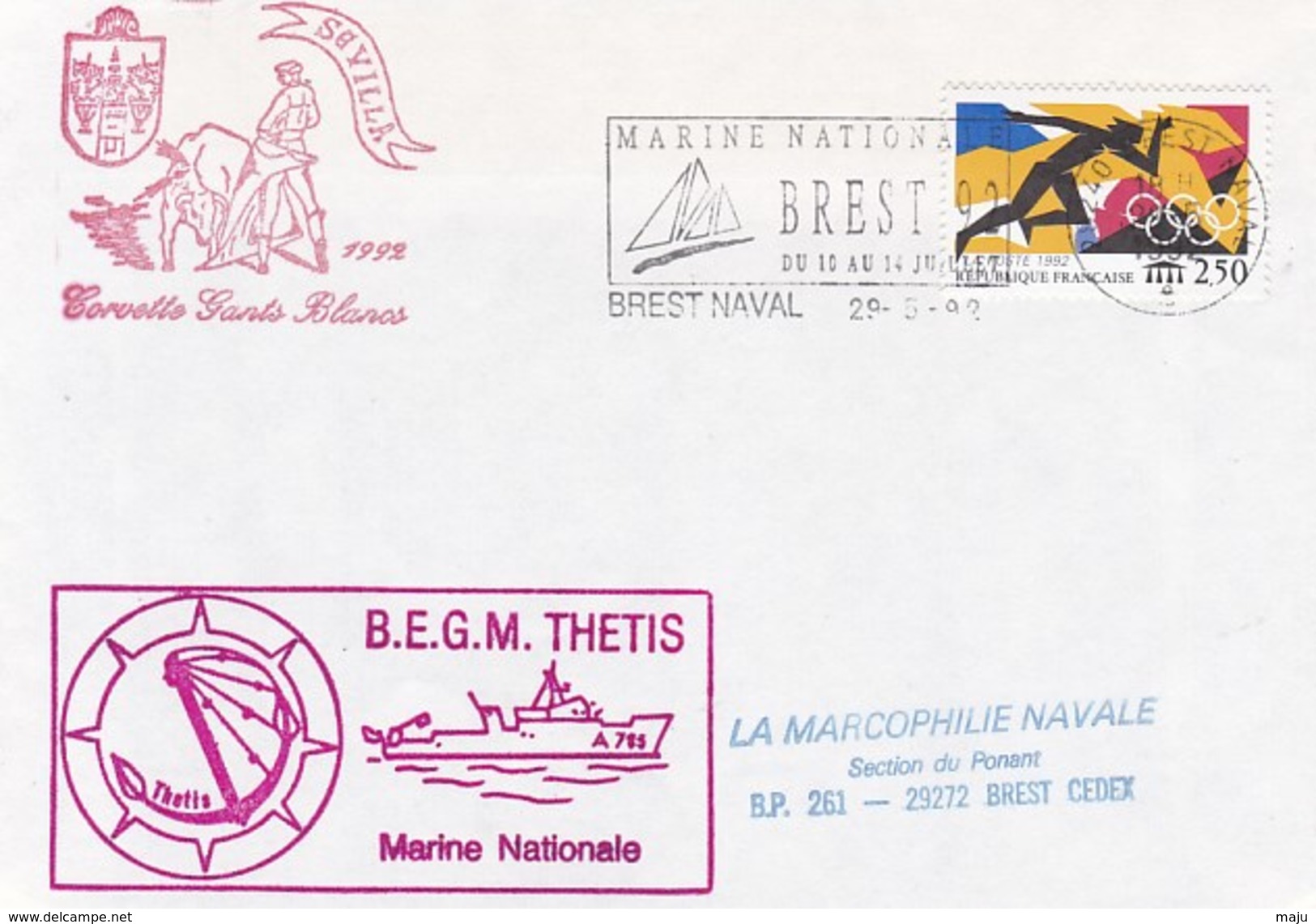 LETTRE BEGM THETIS SEVILLE CORVETTE GANTS BLANCS BREST NAVAL 29/5/1992 - Poste Navale