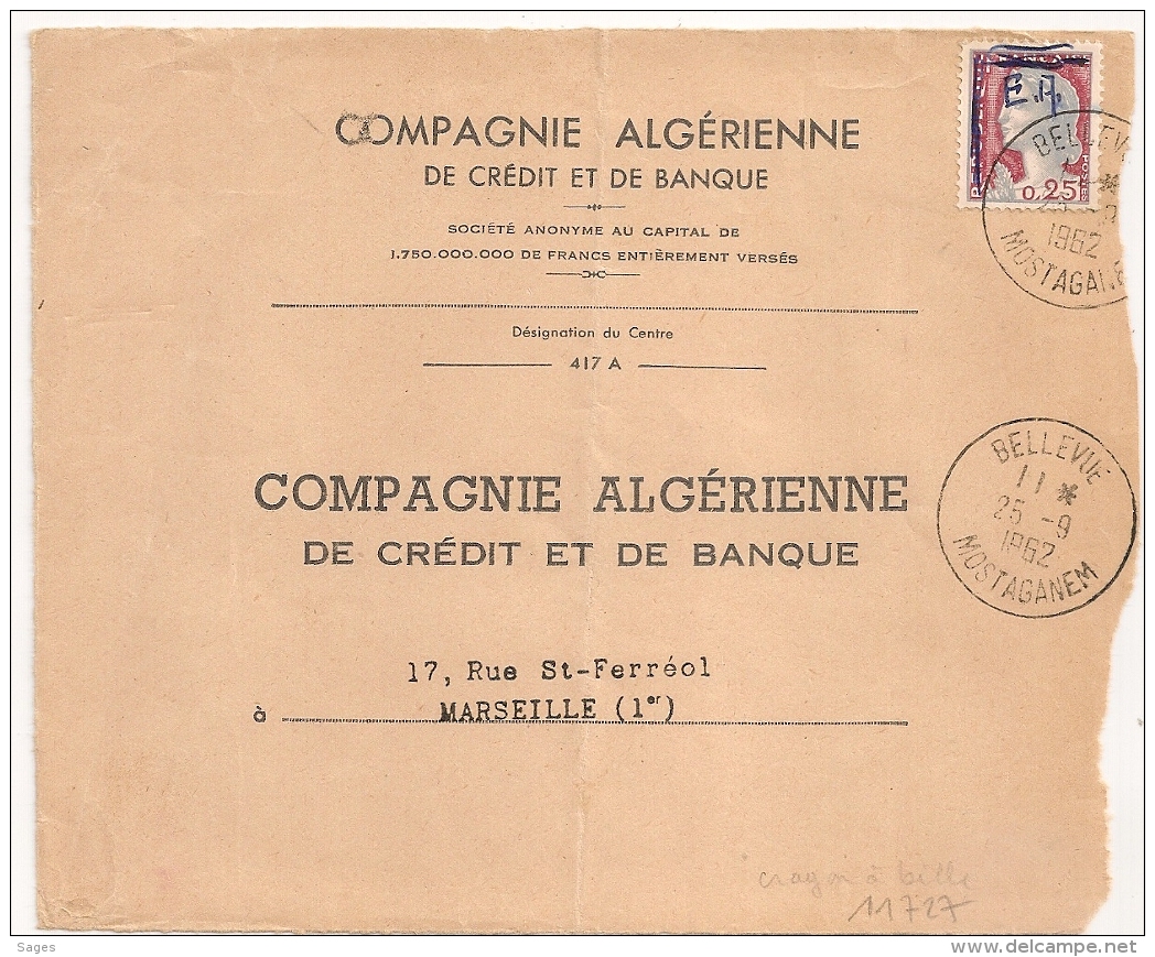 Surcharges EA Stylo,  BELLEVUE MOSTAGANEM Algérie Sur DEVANT D' Enveloppe Pour Marseille. - Algérie (1962-...)