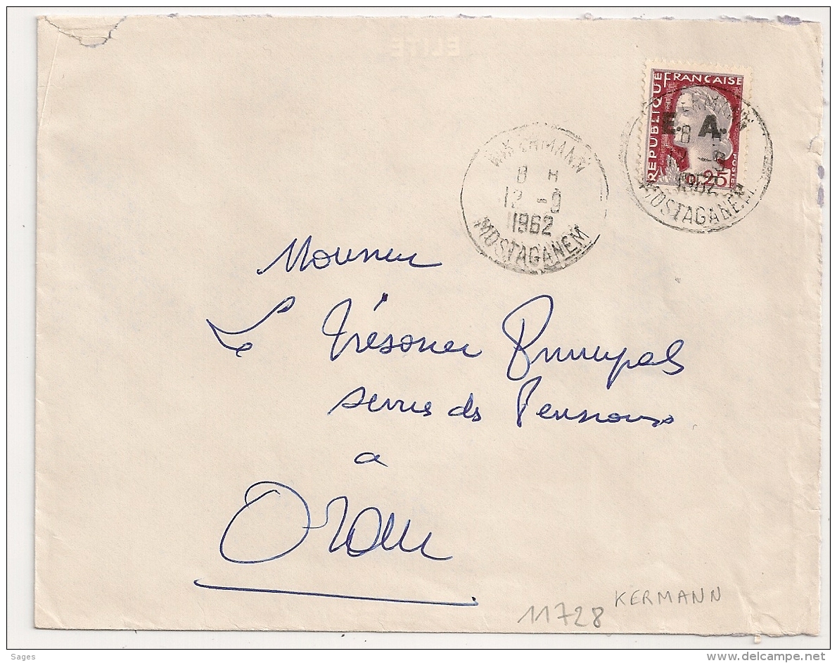 EA Sur DECARIS, INKERMANN MOSTAGANEM Algérie Sur Enveloppe Pour Oran. 12/9/1962 - Algérie (1962-...)