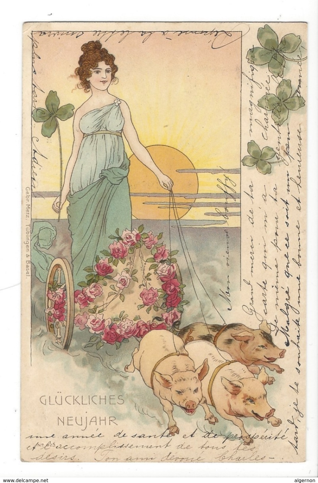 16256 - Glückliches Neujahr Elégnate Femme Sur Attelage Tiré Par 3 Cochons Envoyée Basel 1900 - Nouvel An