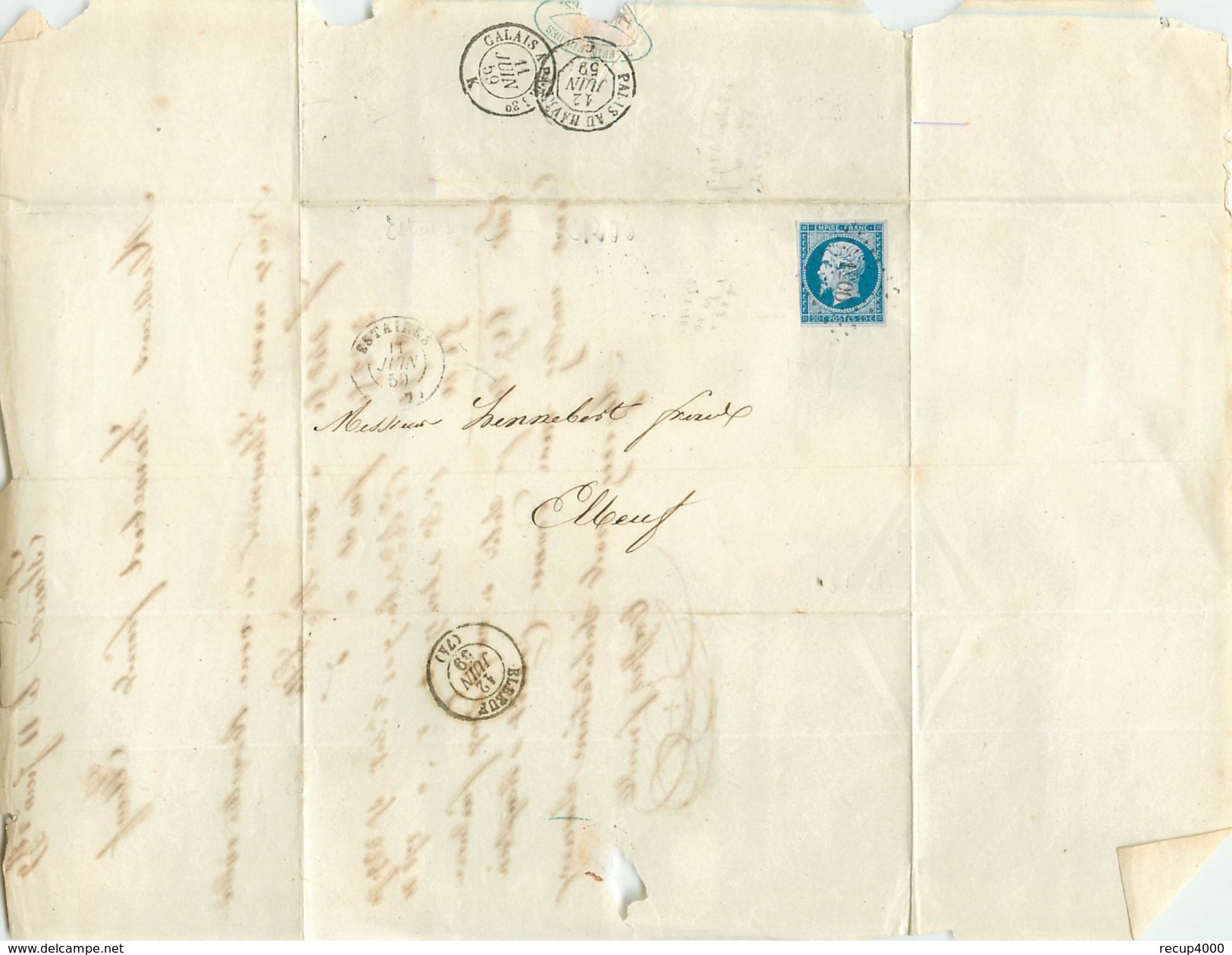 LETTRE Napoléon  III  20c Bleu  De Estaires à Elbeuf 1859  2scans - 1849-1876: Période Classique