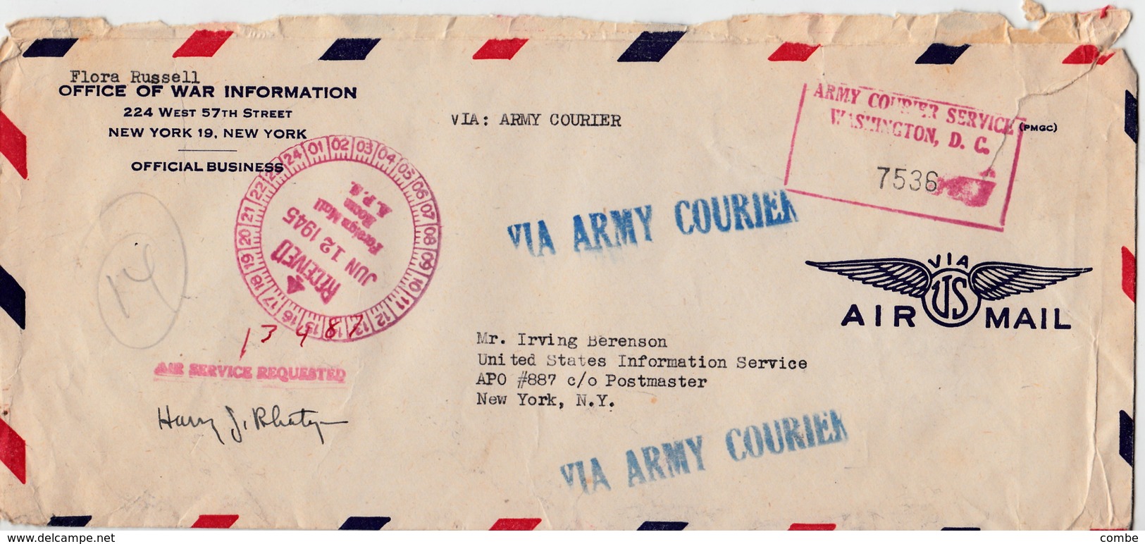 COVER USA 12.JUN.1945. NEW-YORK  OFFICE OF WAR INFORMATION  ARMY COURIER SERVICE AIR SERVICE REQUESTED - Briefe U. Dokumente