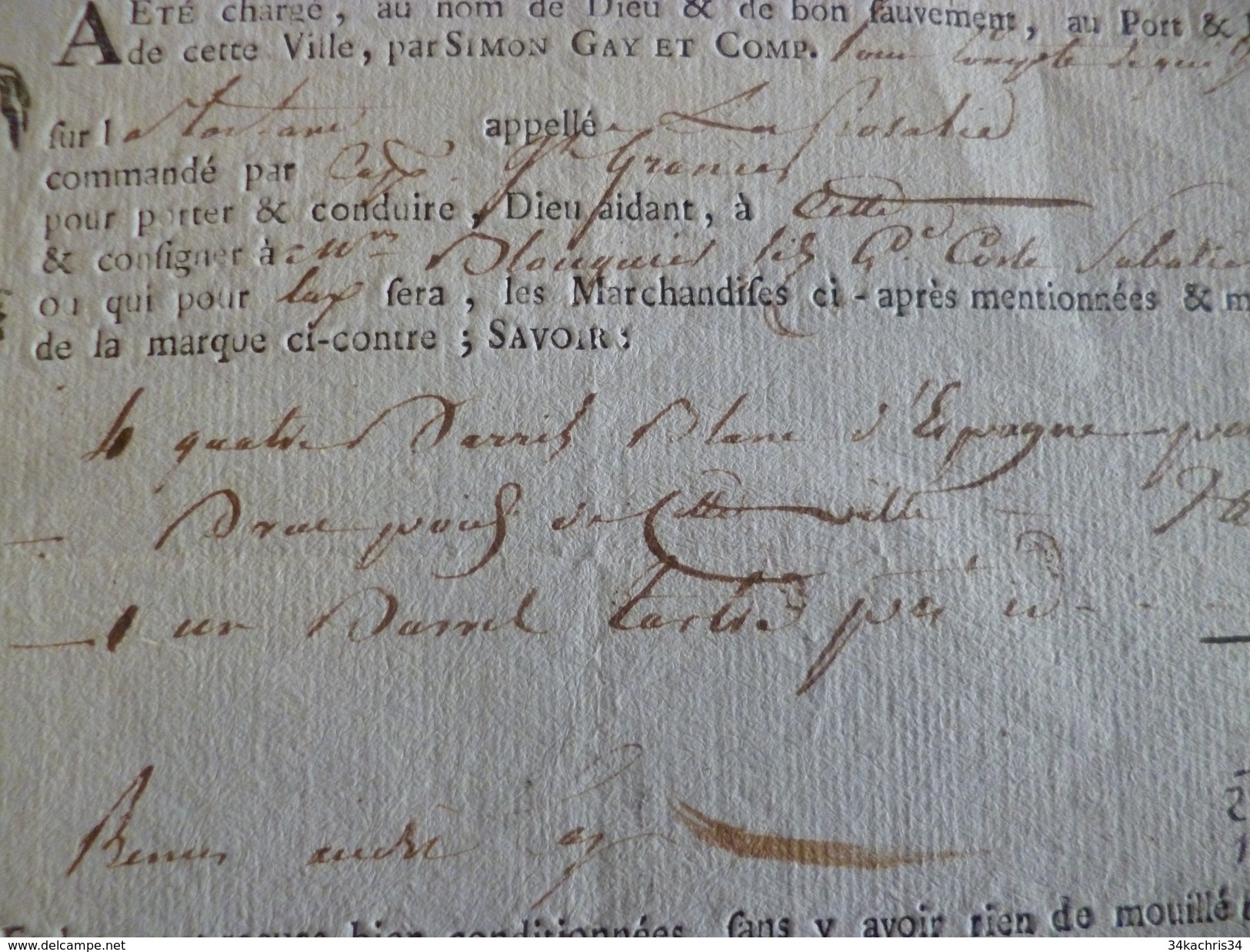 Connaissement 1823 Marseille à Cette Simon Gay Blanc D'Espagne Navire La Rosalie - Verkehr & Transport