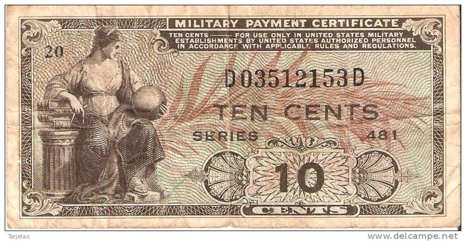 BILLETE DE ESTADOS UNIDOS DE 10 CENTS DEL AÑO 1951 CERTIFICADO PAGO MILITAR (BANKNOTE) - Otros & Sin Clasificación