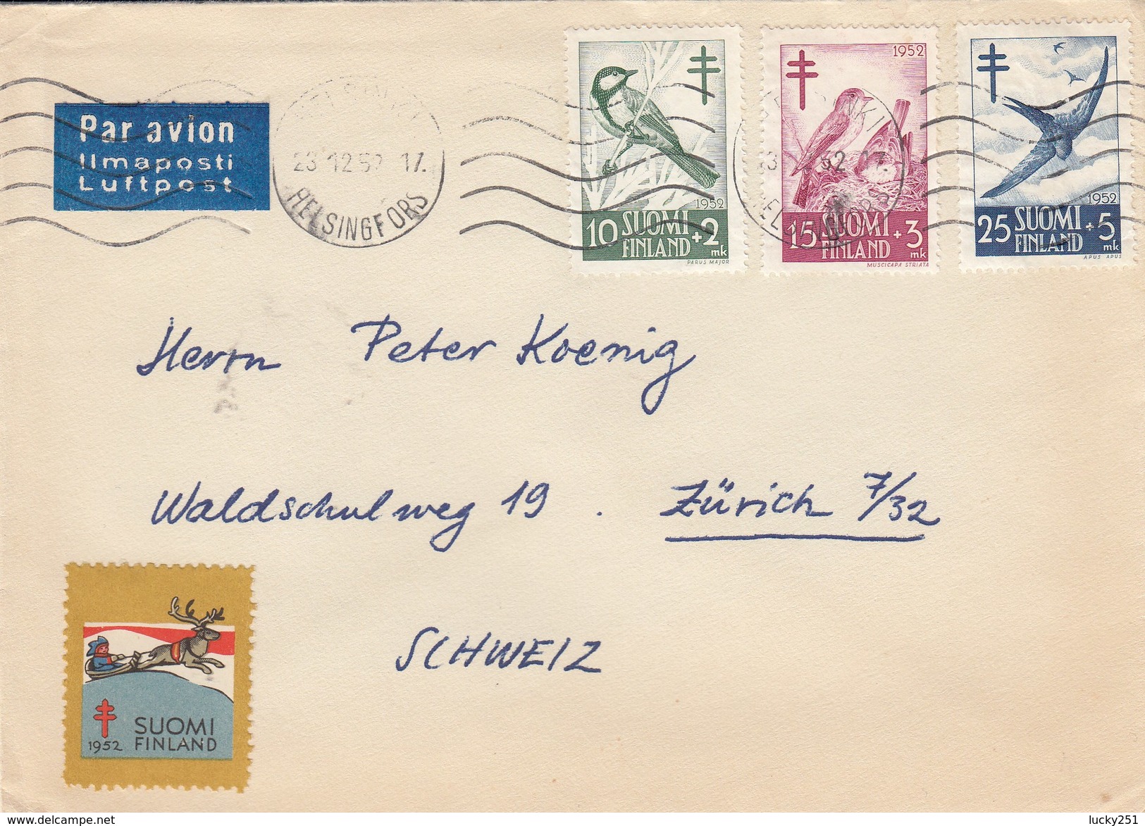 Finlande - Lettre/Oiseaux Divers, Année 1952, Y.T. 396/398 - Storia Postale