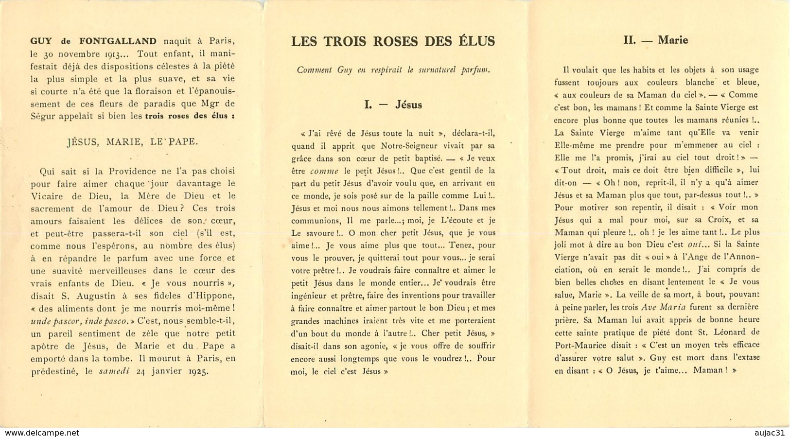 Religions - Christianisme - Guy De Fontgalland 1913-1925 - Jésus - Marie - Le Pape - Dépliant - état - Non Classés