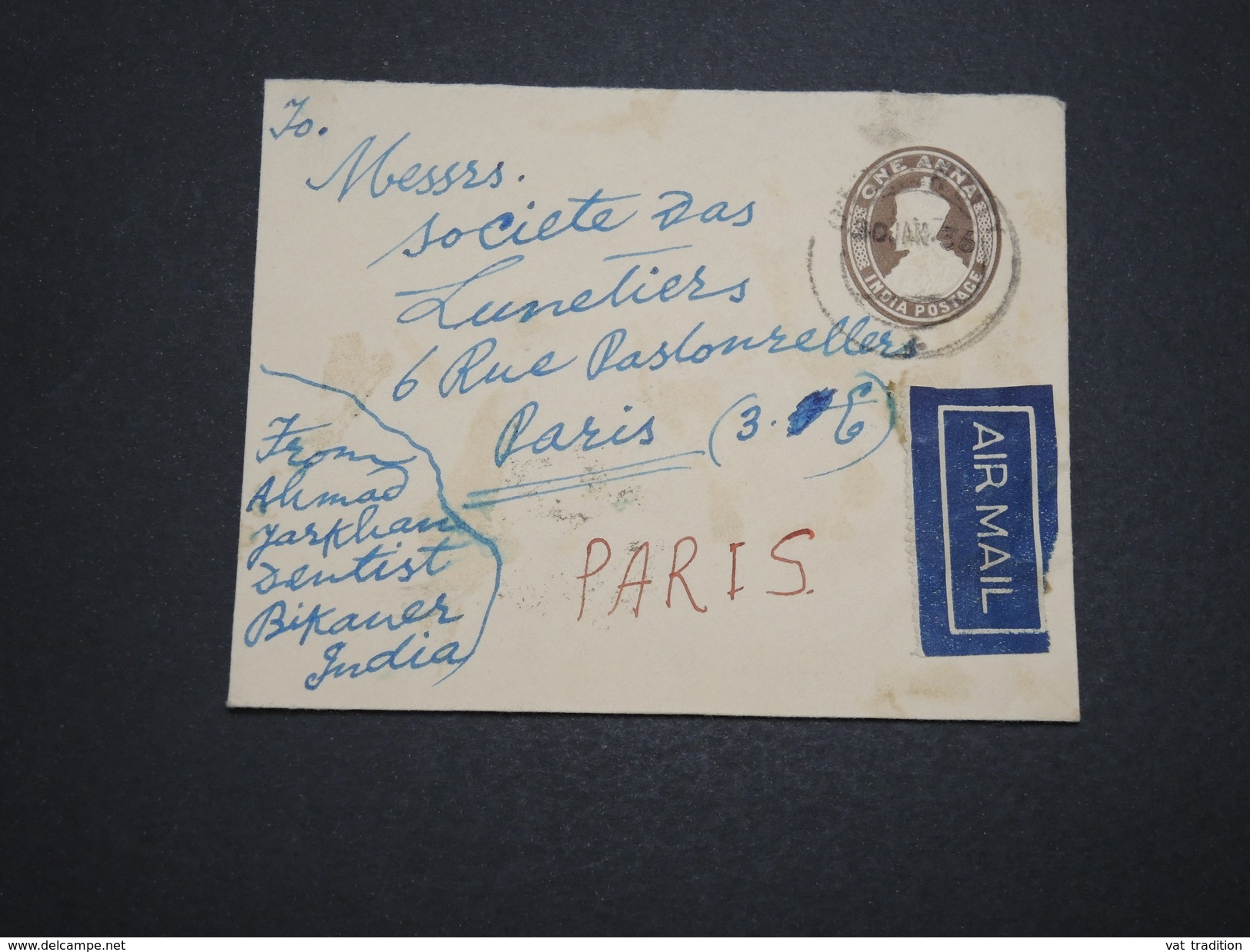 GRANDE BRETAGNE / INDE - Entier Postal + Complément Au Verso Pour Paris En 1936 Par Avion - A Voir - L 6100 - 1936-47 Roi Georges VI