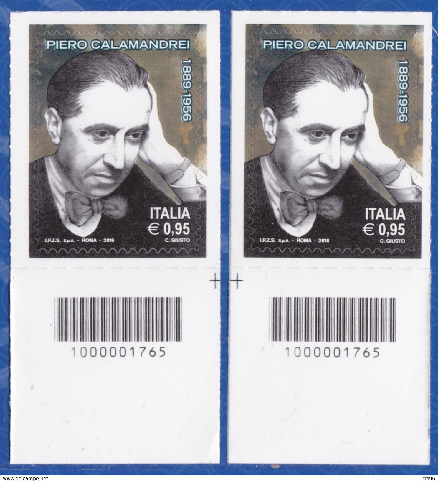 ITALIA Repubblica Piero Calamandrei Codice A Barre DX-SX Anno 2016 MNH** - Bar Codes