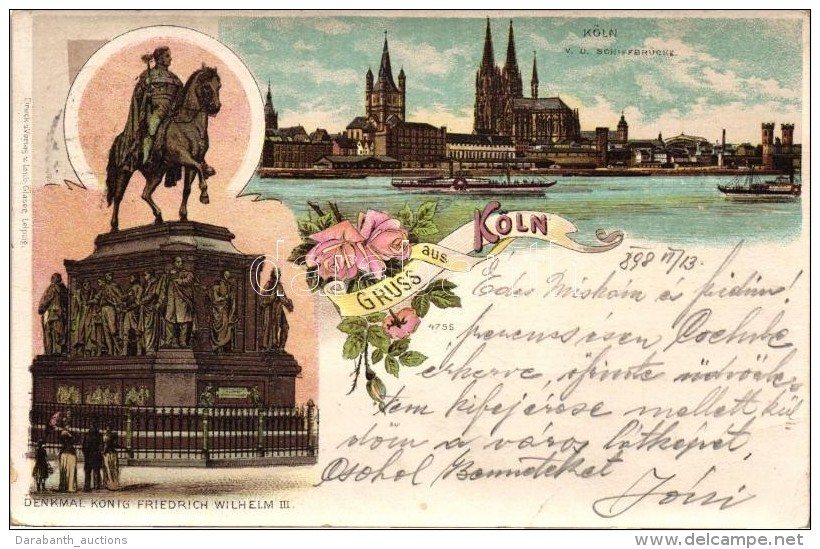 T2/T3 1898 K&ouml;ln, Denkmal K&ouml;nig Friedrich Wilhelm III / Friedrich Wilhelm III Monument, Floral Litho - Unclassified