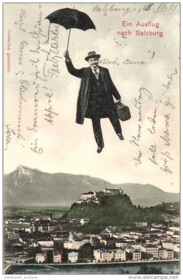 T2/T3 Salzburg, Flying Man With Umbrella, General View With The Castle (EK) - Unclassified