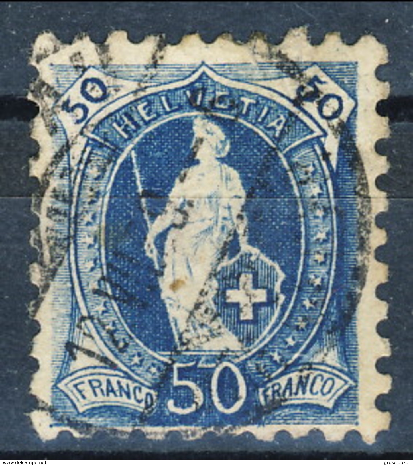 Svizzera 1888 N. 84 C. 50 Azzurro Dent. 9 E Mezzo Usato Cat. &euro; 510 ATTEST-PERIZIA - Gebraucht