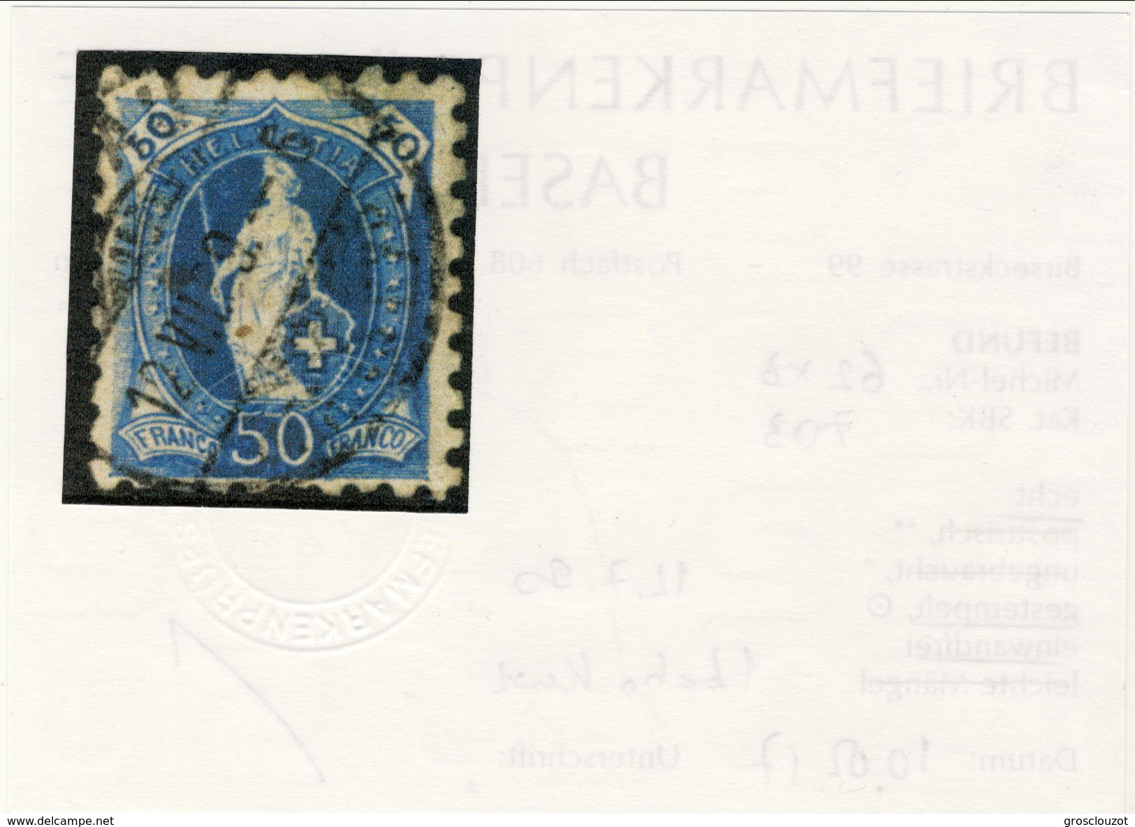 Svizzera 1888 N. 84 C. 50 Azzurro Dent. 9 E Mezzo Usato Cat. &euro; 510 ATTEST-PERIZIA - Gebraucht