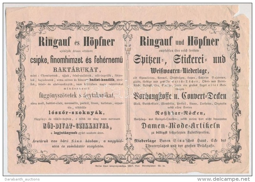 1857 'Ringauf &eacute;s H&ouml;pfner Csipke, Finomhimzet &eacute;s Feh&eacute;rnemÅ± Rakt&aacute;r&aacute;nak'... - Advertising