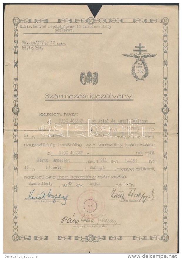 1942 Szombathely, A M. Kir. Honv&eacute;d Rep&uuml;lÅ‘g&eacute;pvezetÅ‘ Iskolaoszt&aacute;ly P&oacute;tkerete... - Other & Unclassified