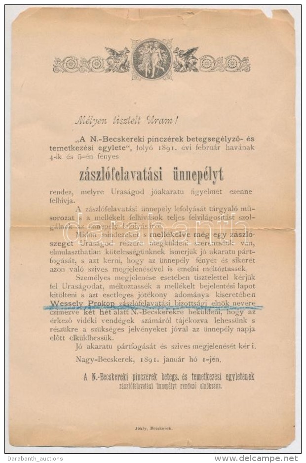 1891 Nagybecskerek, Megh&iacute;v&oacute; Z&aacute;szl&oacute;felavat&aacute;si &uuml;nnep&eacute;lyre - Ohne Zuordnung