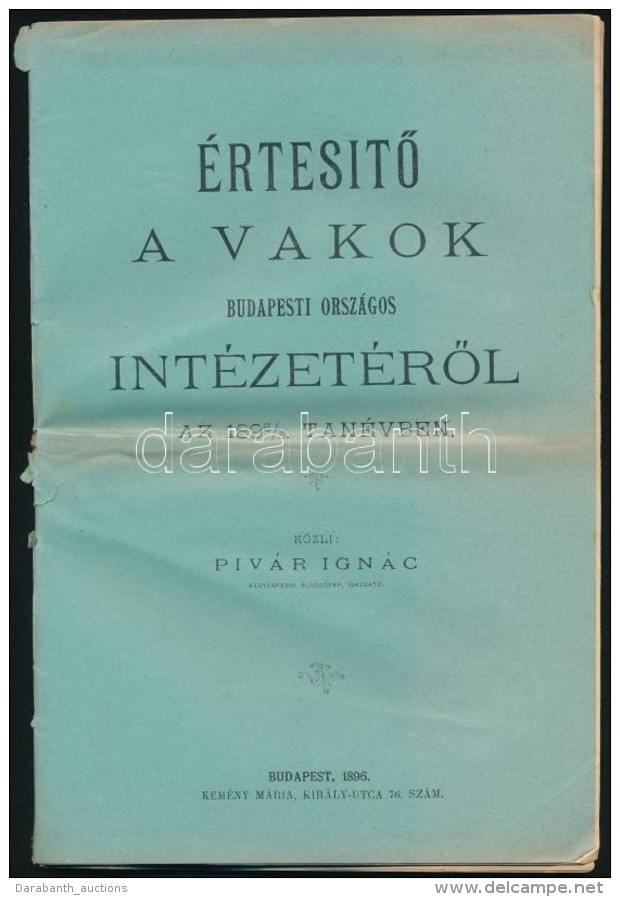 1896 Bp., &Eacute;rtes&iacute;tÅ‘ A Vakok Budapesti Int&eacute;zet&eacute;rÅ‘l Az 1895/6 Tan&eacute;vben,... - Unclassified